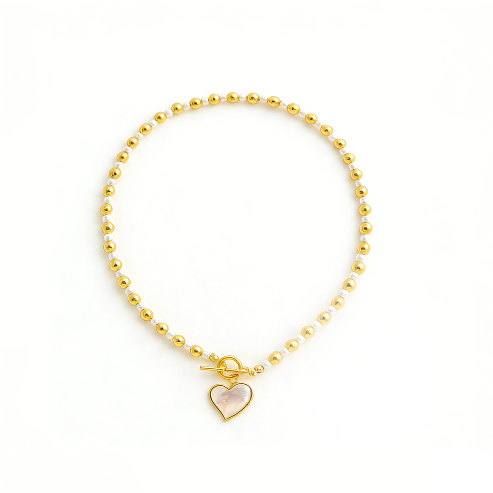 Metal Pearl Spliced Heart OT Clasp Necklace