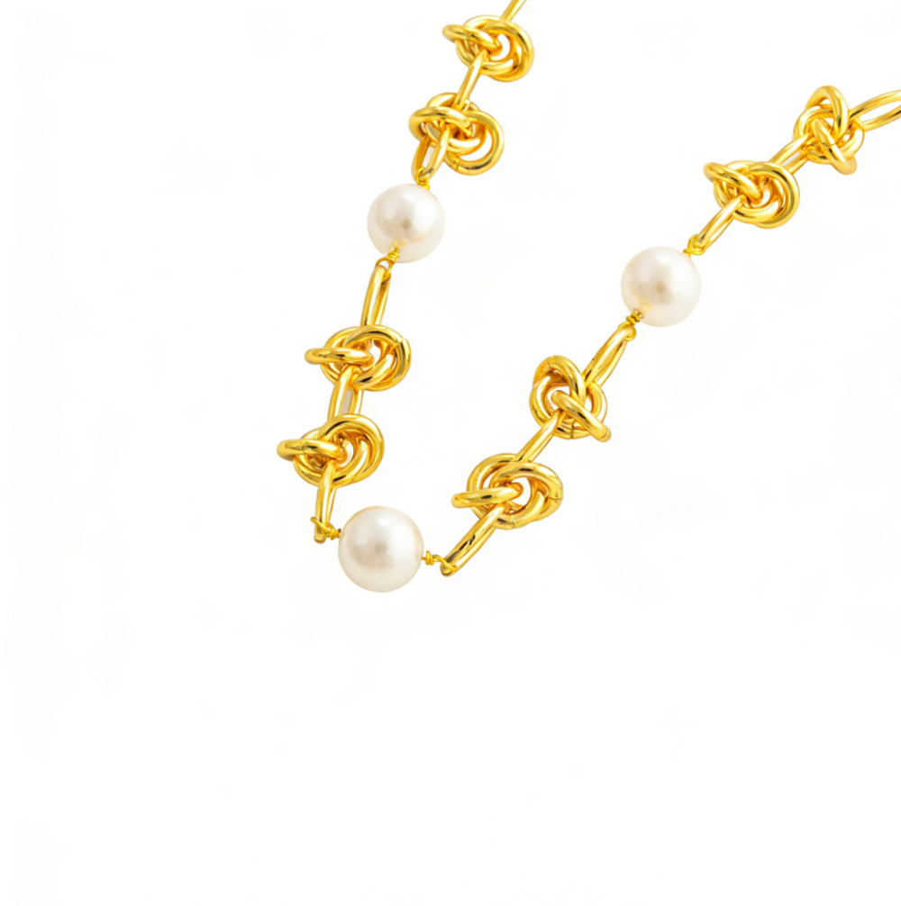 Trendy Knotted Pearl Necklace - Unique Metal Design