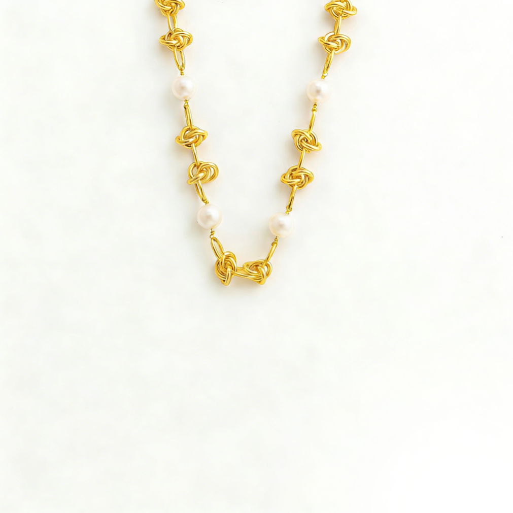 Trendy Knotted Pearl Necklace - Unique Metal Design