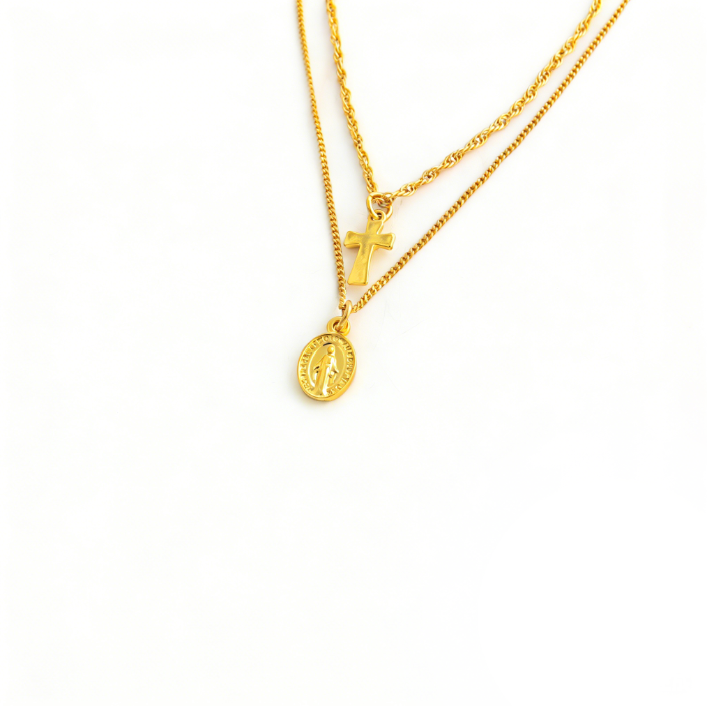 Euro-American Layered Clavicle Necklace - Coin & Cross Pendant