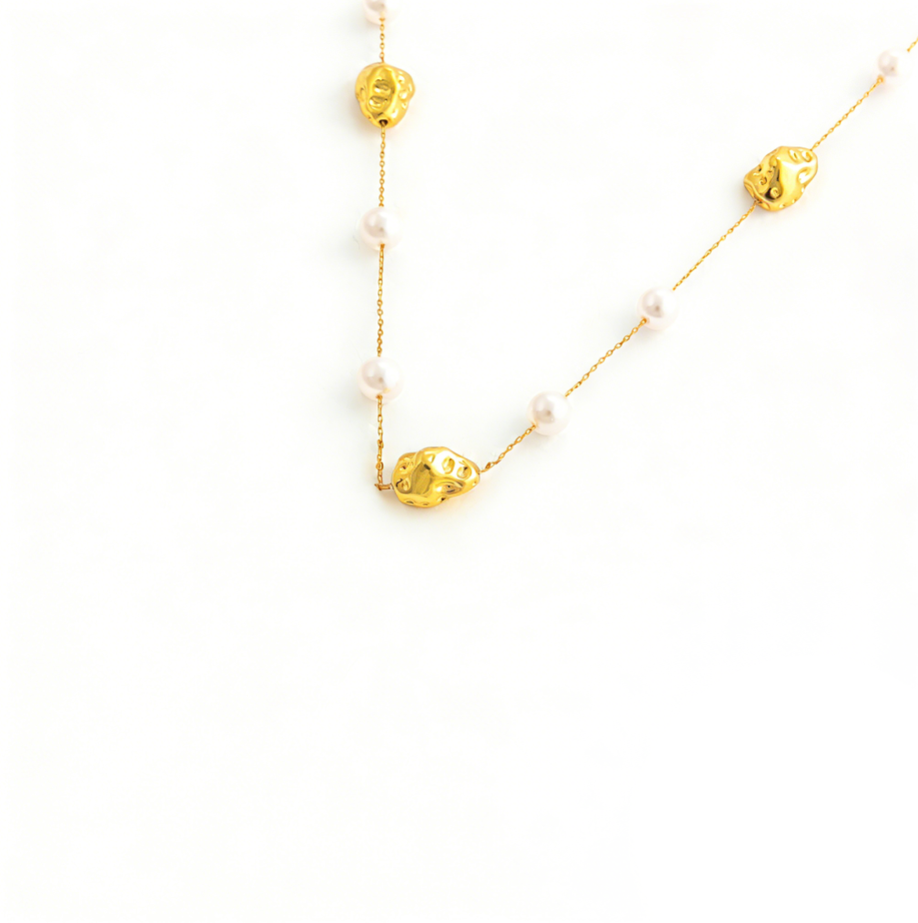 French Gentle Choker & Sweater Chain - Geometric Metal Bean Pearl