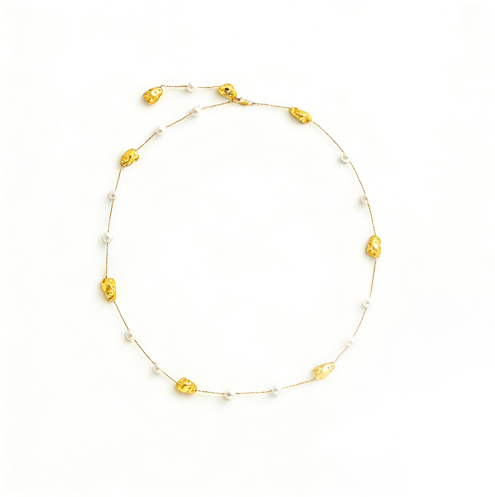 French Gentle Choker & Sweater Chain - Geometric Metal Bean Pearl