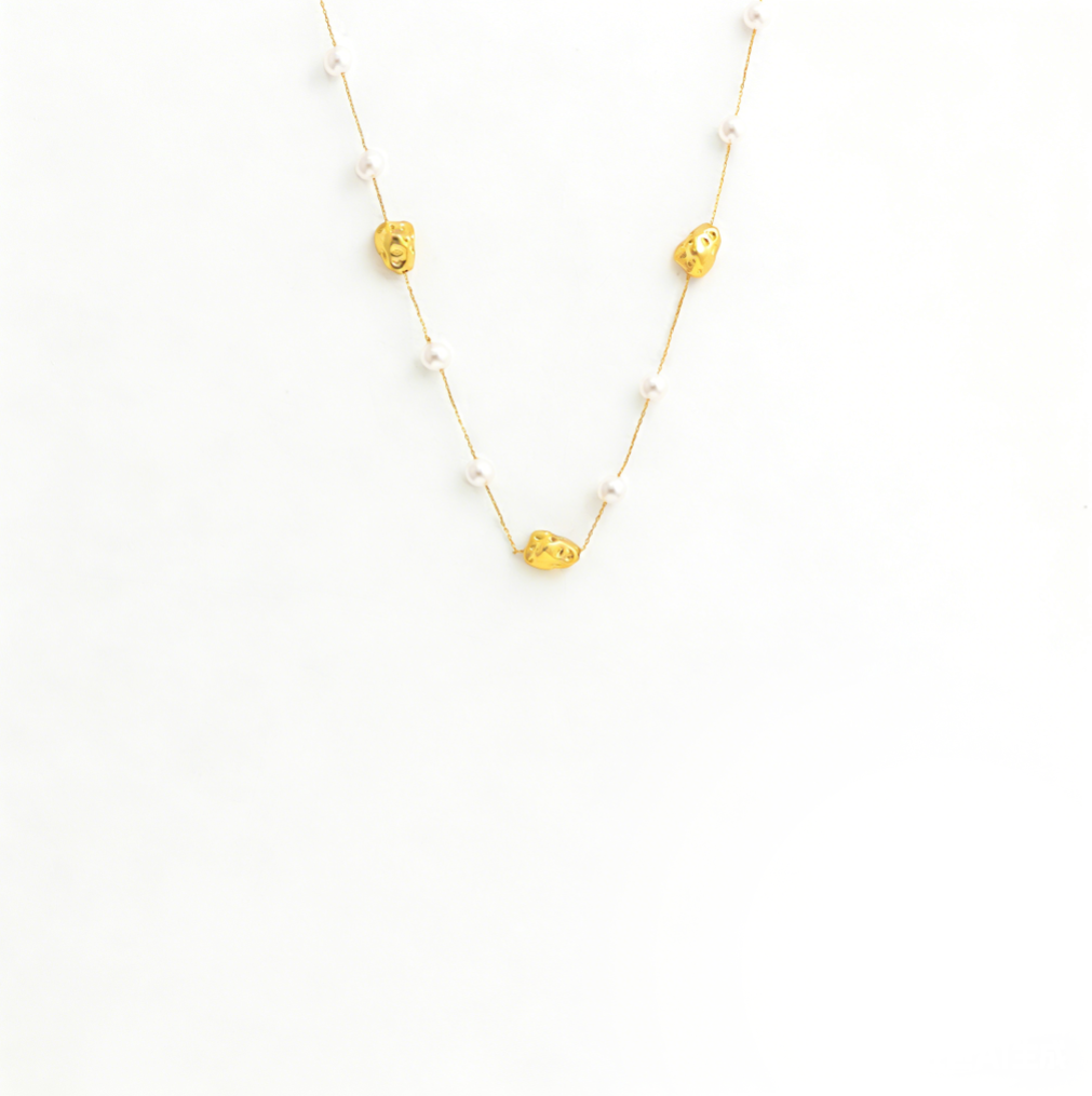 French Gentle Choker & Sweater Chain - Geometric Metal Bean Pearl