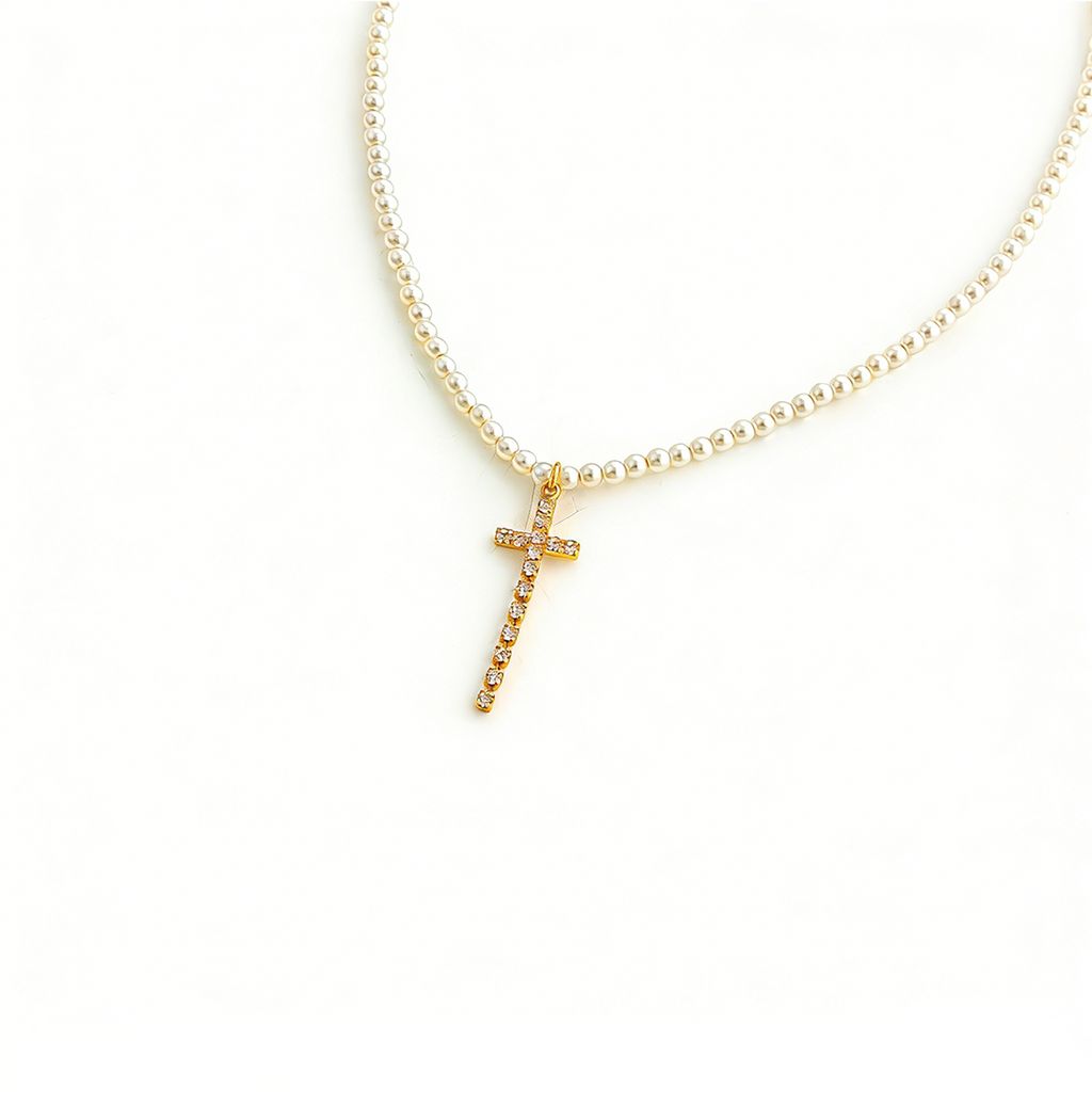 Gentle Fairy Pearl Chain Cross Pendant Necklace