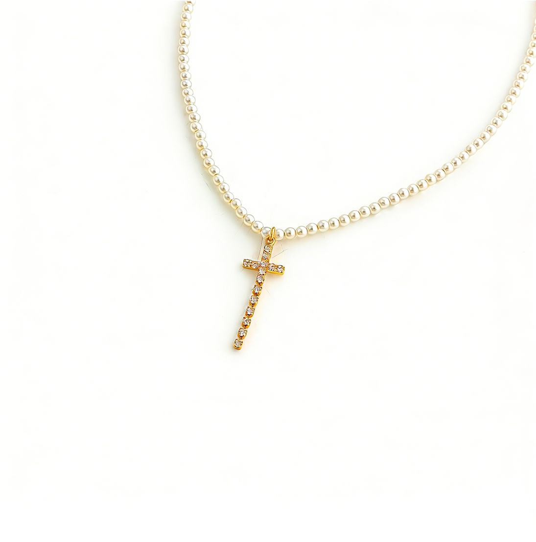 Gentle Fairy Pearl Chain Cross Pendant Necklace