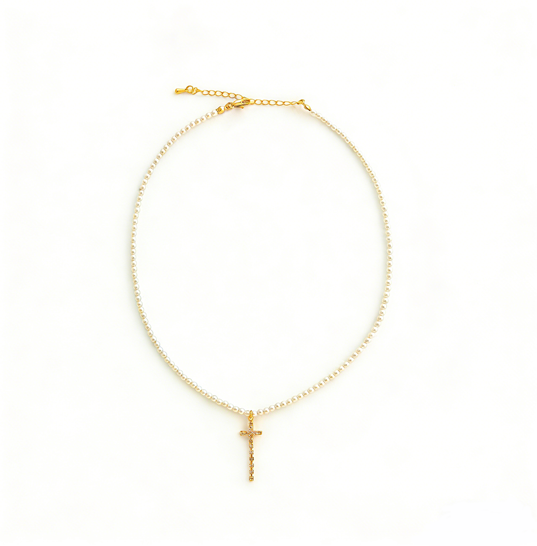 Gentle Fairy Pearl Chain Cross Pendant Necklace