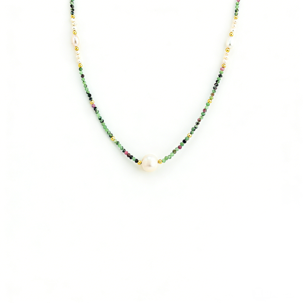 Natural Malachite Beaded Freshwater Pearl Necklace