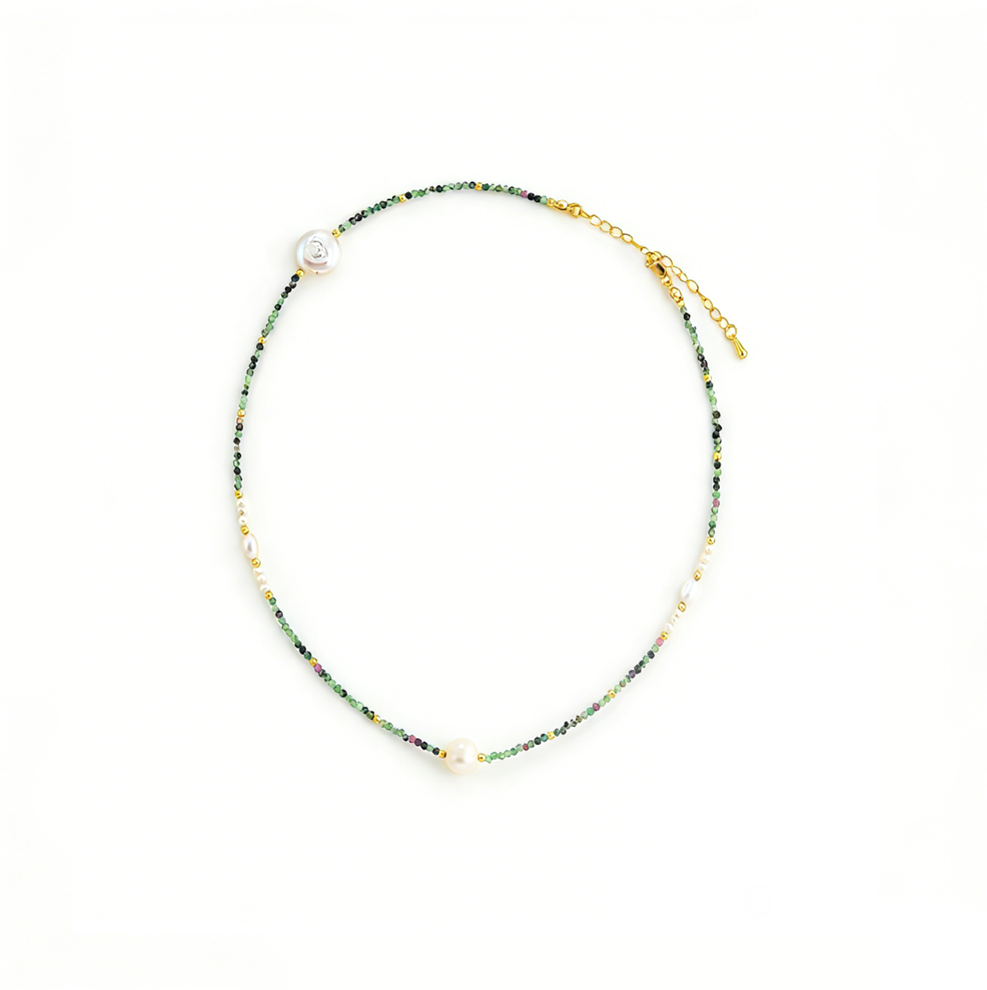 Natural Malachite Beaded Freshwater Pearl Necklace