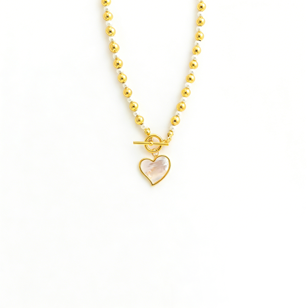 Metal Pearl Spliced Heart OT Clasp Necklace