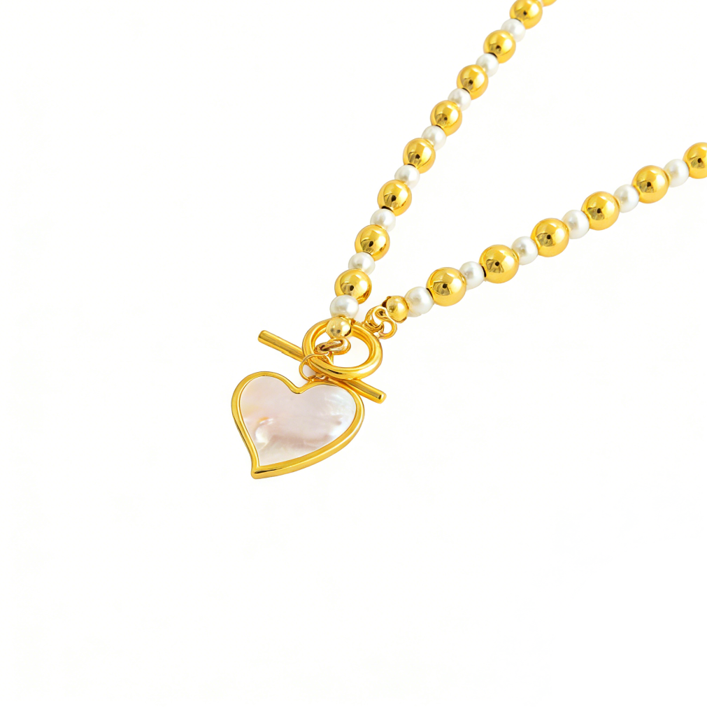 Metal Pearl Spliced Heart OT Clasp Necklace