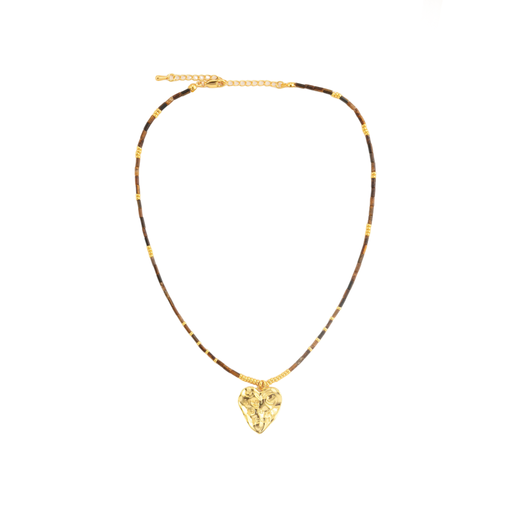 Vintage Brown Amber Color Stone Beaded Necklace - Metal Heart Pendant